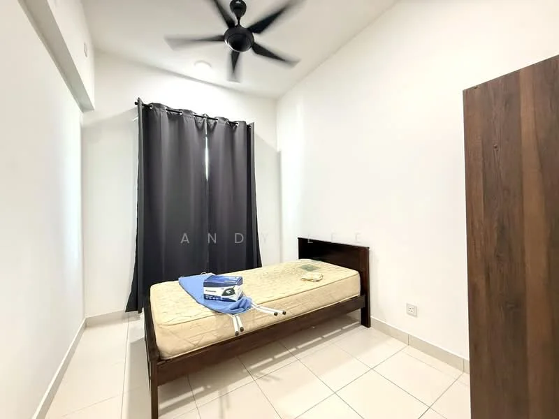 Bedroom features: single bed frame, mattress on bed frame, black ceiling fan, white painted walls, tile flooring, black curtains, window with natural light, wooden wardrobe; style: minimalist.