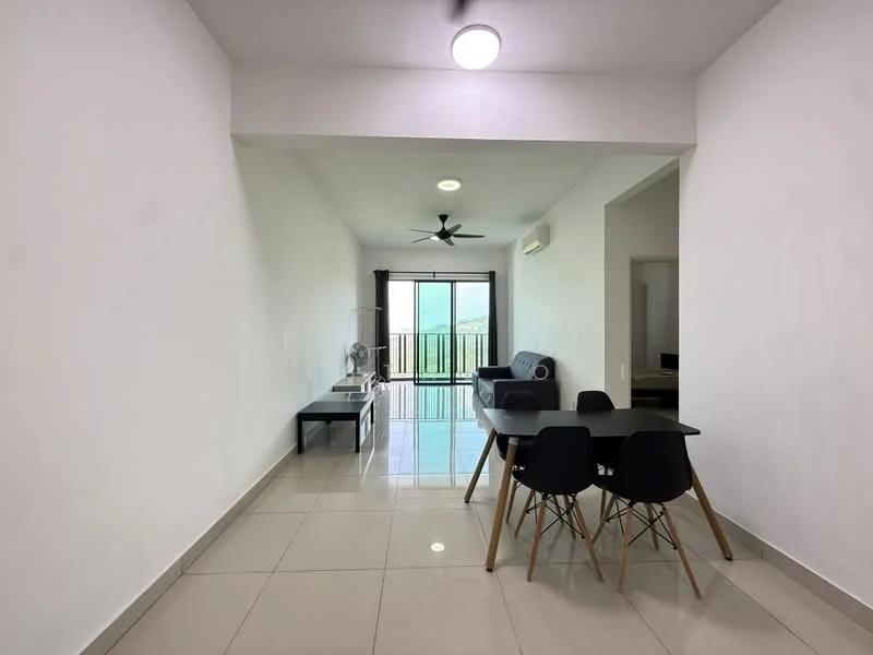 Living features: white painted walls, glossy ceramic tile flooring, 5-blade ceiling fan with light, floor-to-ceiling sliding glass door, black sofa, dining table with black chairs, coffee table, air conditioning unit, mountain view from balcony; style: modern; view: mountain.