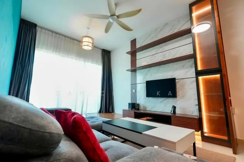 Living features: grey fabric sectional sofa, red accent pillows, white coffee table, wall-mounted TV, wooden TV console, marble feature wall, built-in shelving unit, ceiling fan with light, large windows with sheer curtains, dark grey curtains, pendant light fixture; style: modern.