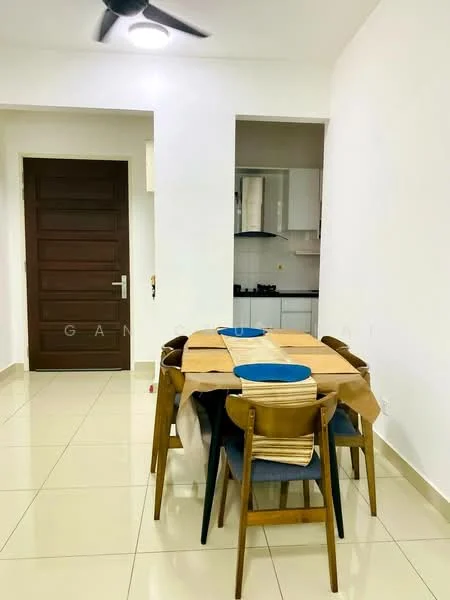 Dining features: rectangular dining table, 6 dining chairs, tablecloth, white walls, cream tiled flooring, ceiling light, 5-blade ceiling fan, open layout to kitchen, wooden door, kitchen visible in background; style: modern.
