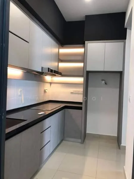 Kitchen features: grey cabinetry, white upper cabinets, black countertop, stainless-steel sink, chrome faucet, built-in oven, recessed lighting, tile backsplash, ceramic tile flooring, open shelving, wall-mounted cabinets, modern design; style: modern.