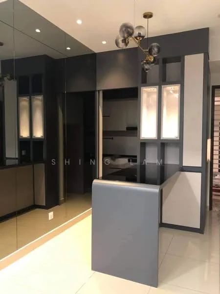 Room features: grey cabinetry, mirrored wall, pendant light fixture with multiple bulbs, built-in shelving, white wall, tile flooring, recessed lighting, open layout; style: modern.
