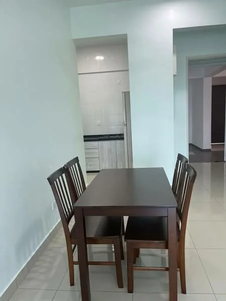 Dining features: brown wooden dining table, 4 wooden dining chairs, light green painted walls, glossy beige tile flooring, open layout to kitchen, natural light from adjacent room, minimalist decor; style: modern. Kitchen features: kitchen cabinetry, black countertop, white tiled backsplash, stainless-steel sink, built-in appliances, light fixtures; style: modern.
