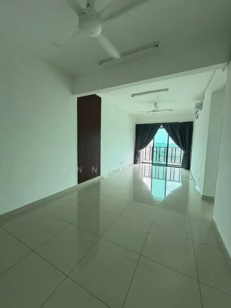 Living features: white painted walls, glossy tile flooring, 2 ceiling fans, floor-to-ceiling windows, sliding glass door, dark wood feature wall, curtains, balcony view; style: modern; view: city.