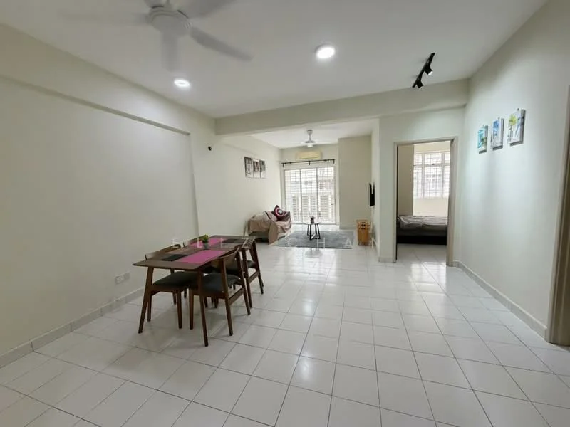 Living features: white painted walls, glossy white tile flooring, 5-blade ceiling fan with light, recessed downlights, large sliding glass door, floor-to-ceiling windows, dining table with four chairs, sofa, area rug, decorative wall art; style: modern; view: garden. Bedroom features: double bed, built-in wardrobe, window with natural light, neutral wall color; style: modern.