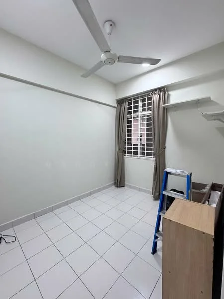 Room features: white painted walls, white ceiling, tile flooring, 5-blade ceiling fan with light, floor-to-ceiling window, curtains, built-in shelving, wooden cabinet, step ladder; style: modern.