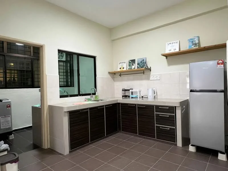 Kitchen features: L-shaped kitchen layout, dark wood cabinetry, light-colored countertop, single-bowl stainless-steel sink, chrome pull-down faucet, built-in refrigerator, microwave, open shelving, tile backsplash, ceramic tile flooring, window with black frames, under-cabinet lighting; style: modern.