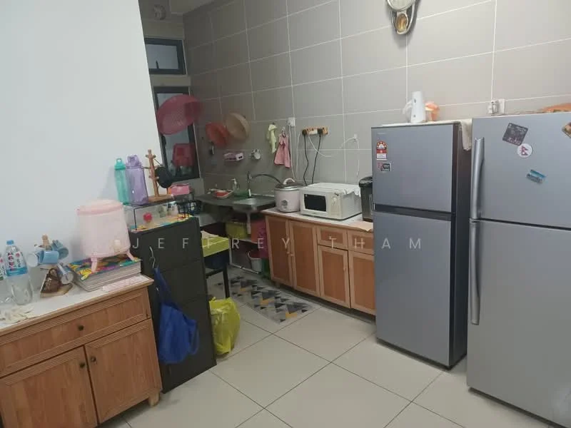 Kitchen features: grey tiled walls, white ceramic tile flooring, wood cabinetry with light brown finish, stainless-steel fridge, microwave, kitchen countertop, sink, kitchen utensils on countertop, plastic storage containers, colorful floor mat, wall-mounted shelves, various kitchen appliances; style: modern.