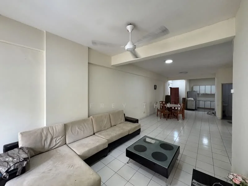 Living features: L-shape sectional sofa in beige, glass coffee table with circular cutouts, white painted walls, tiled flooring, ceiling fan, recessed ceiling lights, open layout to dining area, large window for natural light; style: modern. Dining features: wooden dining table for six, upholstered dining chairs, kitchen visible in background.