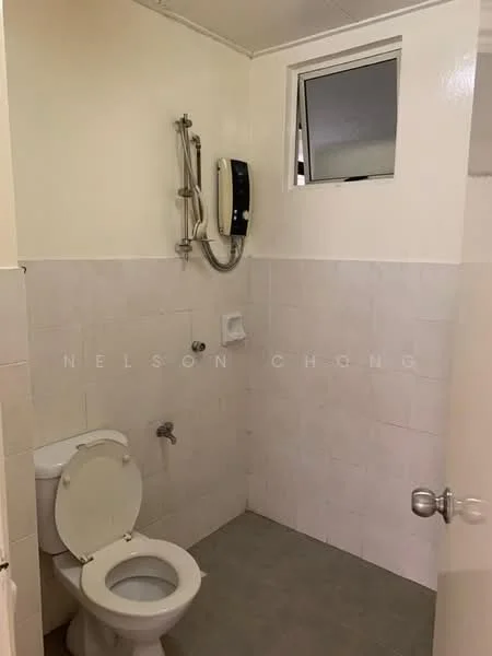 Bathroom features: white tiled walls, grey tiled flooring, one-piece toilet, shower with handheld showerhead, window for ventilation, wall-mounted water heater.