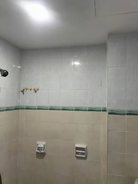 Bathroom features: white tiled walls, cream tiled walls, green decorative border tile, shower head, wall-mounted soap holder, toilet paper holder, light fixture on ceiling, exposed plumbing.