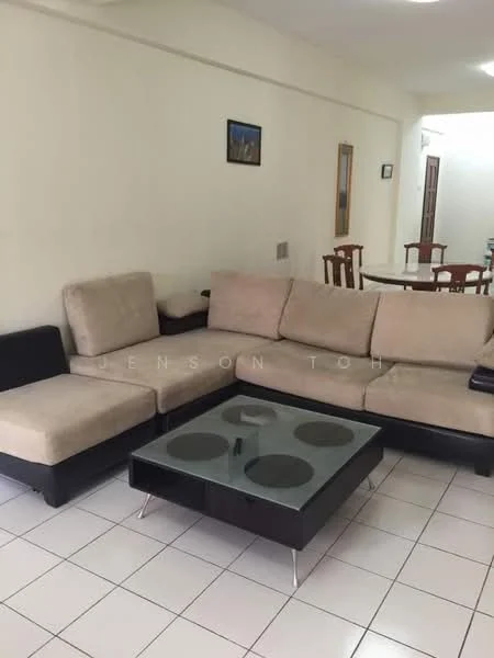Living features: L-shape sectional sofa in beige and black, glass coffee table with circular patterns, white tiled flooring, cream painted walls, wall-mounted artwork, dining area visible in background with wooden dining table and chairs; style: modern.