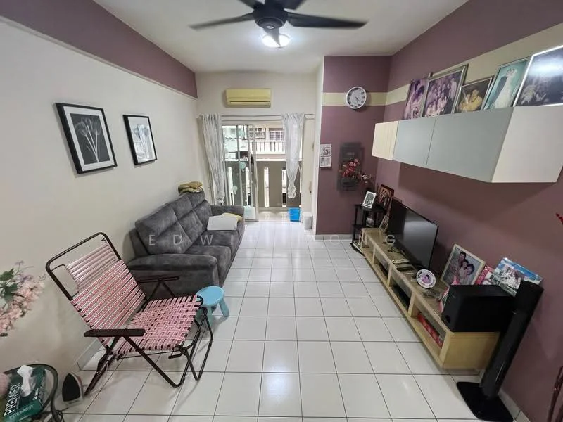 Living features: grey fabric sofa, coffee table, wall-mounted TV, TV console, white wall-mounted shelves, decorative wall clock, sliding glass door, floor-to-ceiling windows, white tiled flooring, ceiling fan, framed photographs, pink accent wall, light curtains, small blue stool, foldable chair; style: modern; view: garden.