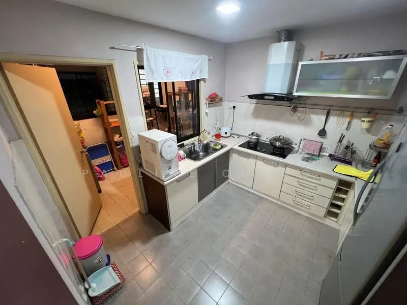 Kitchen features: grey tiled flooring, white cabinets, black countertop, stainless-steel sink, chrome pull-down faucet, built-in oven, freestanding gas range oven, microwave, refrigerator, window with sheer curtains, wall-mounted extractor hood, open shelving, kitchen island, wall-mounted storage, decorative dish rack; style: modern.
