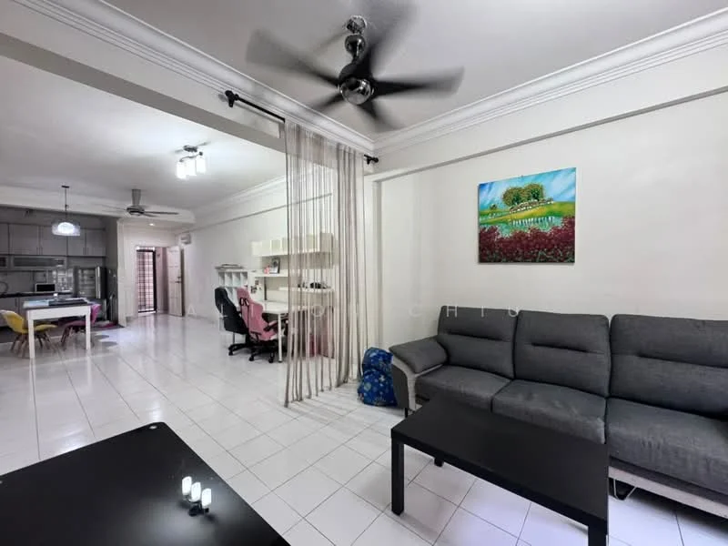 Living features: 3-seater fabric sofa in grey, black coffee table, ceiling fan with light, white walls, tile flooring, decorative painting on wall, open layout to dining area, curtains for window treatment; style: modern. Dining features: 6-seater dining table, white dining chairs, open layout to living area, tile flooring; style: modern. Kitchen features: kitchen cabinetry, tile flooring, open layout to dining area; style: modern.