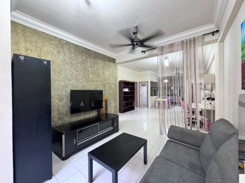 Living features: grey fabric sofa, black coffee table, wall-mounted TV, black TV console, ceiling fan with light, decorative wall with textured finish, white tiled flooring, open layout to dining area, bookshelves, curtains, natural light from windows; style: modern.