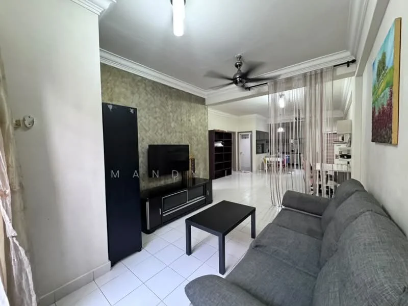 Living features: grey fabric 3-seater sofa, black coffee table, wall-mounted TV, TV console, ceiling fan with light, white tiled flooring, decorative wall with textured wallpaper, curtains, open layout to dining area, recessed lighting; style: modern.