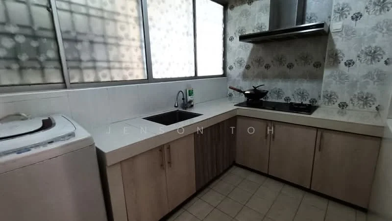 Kitchen features: single-bowl stainless-steel sink, chrome pull-down faucet, granite countertop, white tiled backsplash, wood cabinetry with laminate finish, built-in gas hob, exhaust hood, washing machine, tile flooring, window with grid pattern, light-colored walls, neutral color scheme; style: modern.