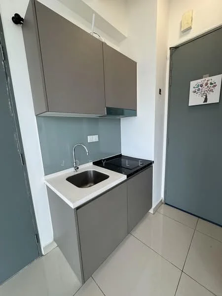 Kitchen features: single-bowl stainless-steel sink, chrome pull-down faucet, black countertop, grey cabinetry, white backsplash, built-in kitchen cabinet, tile flooring, recessed lighting; style: modern.