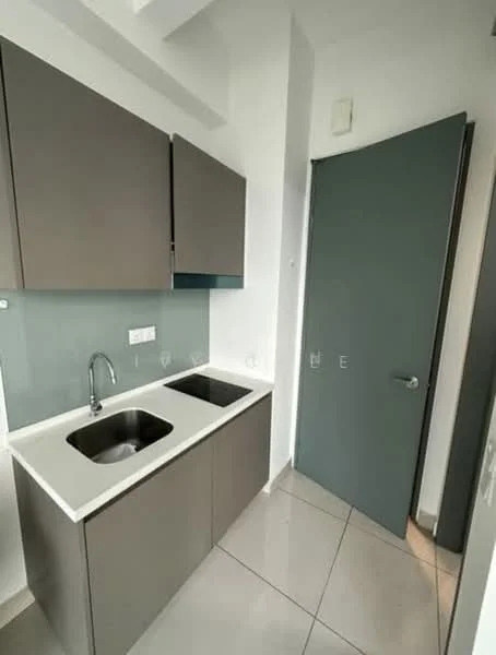 Kitchen features: double-bowl stainless-steel sink, chrome pull-down faucet, grey flat-panel cabinets, white countertop, glass backsplash, tile flooring, recessed lighting, door leading to hallway; style: modern.