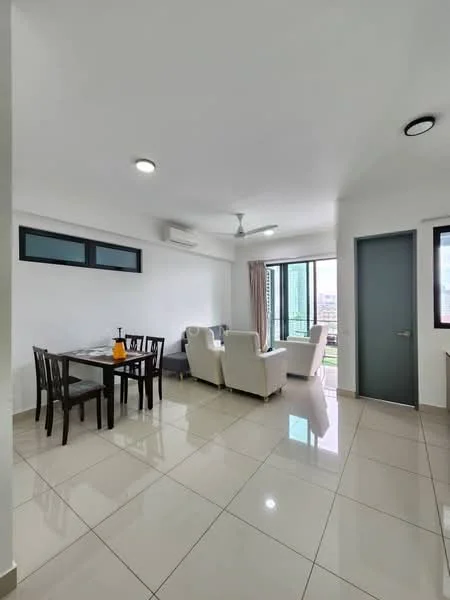 Living features: white painted walls, glossy ceramic tile flooring, 5-blade ceiling fan with light, floor-to-ceiling windows, sliding glass door, curtains, sofa in light fabric, coffee table, TV console, dining table with four chairs; style: modern; view: city.