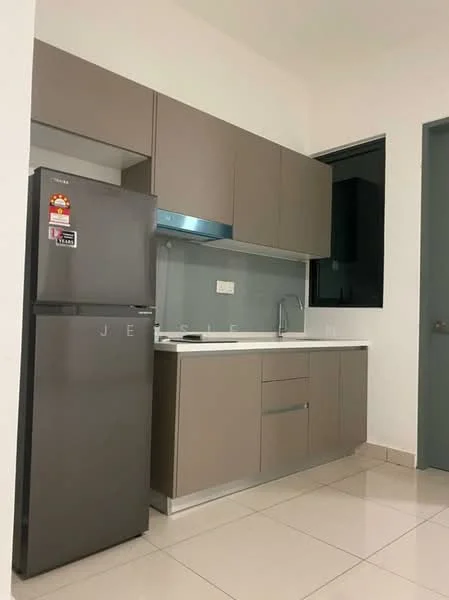 Kitchen features: grey cabinetry, white countertop, stainless-steel fridge, single-bowl stainless-steel sink, chrome pull-down faucet, glass backsplash, built-in oven, ceramic tile flooring, recessed downlights, window, neutral wall colour; style: modern.