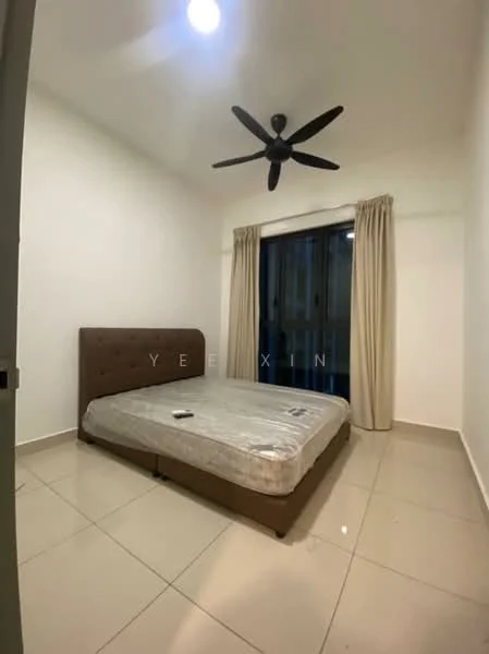 Bedroom features: queen-size bed, upholstered headboard, floor-to-ceiling windows, sliding glass door, sheer curtains, 5-blade ceiling fan, white painted walls, tile flooring, decorative wall light; style: modern.