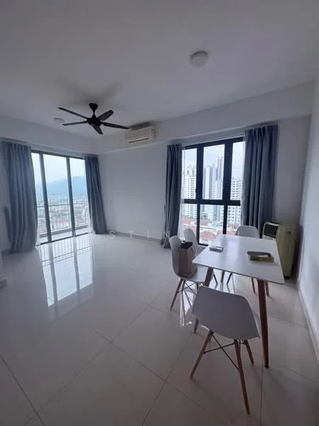 Living features: white painted walls, glossy tile flooring, 5-blade ceiling fan, floor-to-ceiling windows, sliding glass door, sheer curtains, dining table with white legs, 4 dining chairs, wall-mounted air conditioning unit; style: modern; view: city.