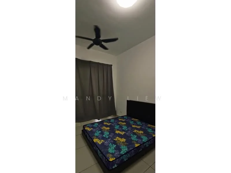 Bedroom features: queen-size bed with patterned mattress, grey curtains, ceiling fan, white painted walls, tile flooring, light fixture on ceiling.