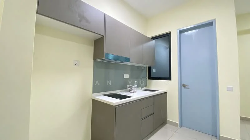 Kitchen features: grey cabinetry, white countertop, single-bowl stainless-steel sink, chrome pull-down faucet, built-in stove, back-painted glass backsplash, tile flooring, window with black frame, light yellow painted walls; style: modern.
