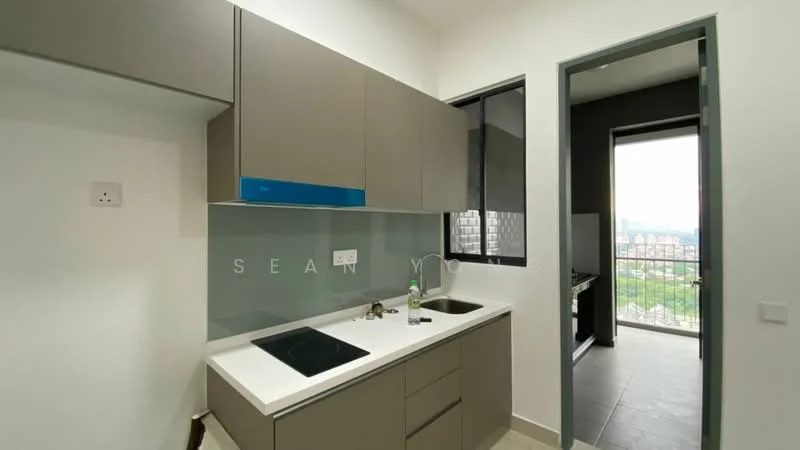 Kitchen features: grey cabinetry, white countertop, single-bowl stainless-steel sink, chrome pull-down faucet, built-in stove, window with city view, tile flooring, recessed downlights; style: modern; view: city.