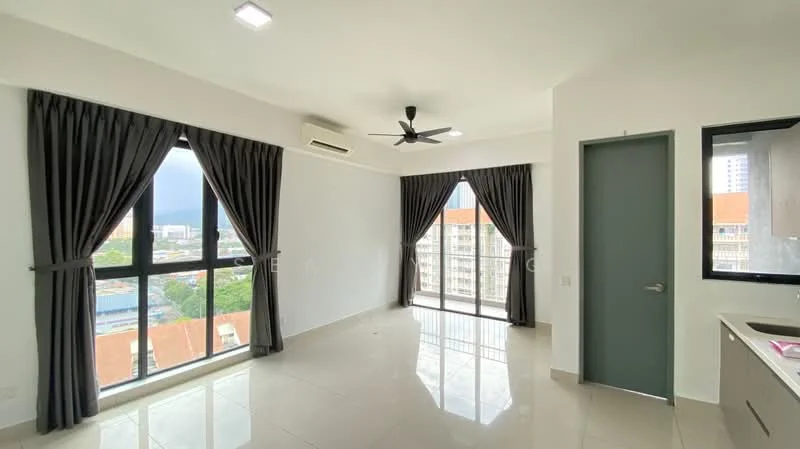 Living features: floor-to-ceiling windows, grey curtains, 5-blade ceiling fan with light, white painted walls, polished tile flooring, air conditioning unit, sliding glass door, view of city skyline; style: modern; view: city.