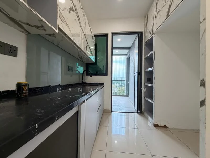 Kitchen features: black marble countertop, white cabinetry with marble pattern, single-bowl stainless-steel sink, chrome pull-down faucet, built-in shelving, white tiled flooring, floor-to-ceiling windows, open layout to balcony; style: modern; view: city.