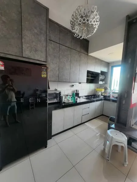 Kitchen features: black fridge, grey cabinetry with flat-panel doors, black countertop, white tiled backsplash, stainless-steel sink, chrome pull-down faucet, built-in oven, induction cooktop, pendant light fixture, floor tiles in cream, open shelving, window with view, stool, kitchen utensils on countertop; style: modern; view: city.
