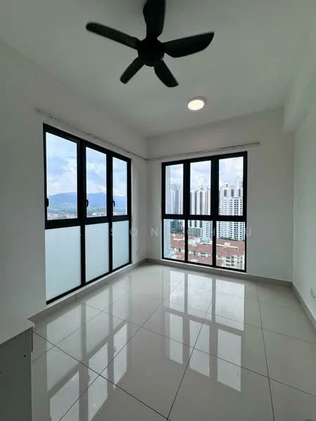 Room features: floor-to-ceiling windows, sliding glass door, white painted walls, polished ceramic tile flooring, ceiling fan, recessed downlights, city view, natural light, neutral color scheme; style: modern; view: city.