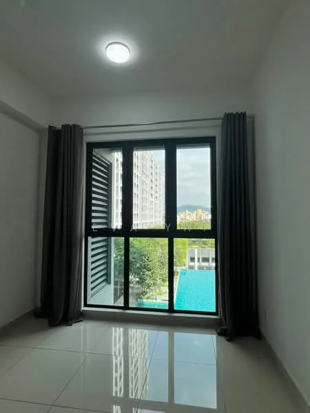 Room features: large floor-to-ceiling windows, black window frames, grey curtains, white painted walls, glossy tile flooring, ceiling light fixture, view of swimming pool, view of landscaped area; style: modern; view: pool.
