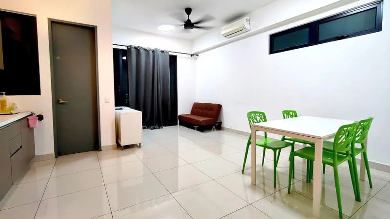 Living features: white painted walls, glossy tile flooring, 5-blade ceiling fan, recessed downlights, floor-to-ceiling windows, grey curtains, brown sofa bed, dining table with white top, 4 green plastic dining chairs, air conditioning unit; style: modern.