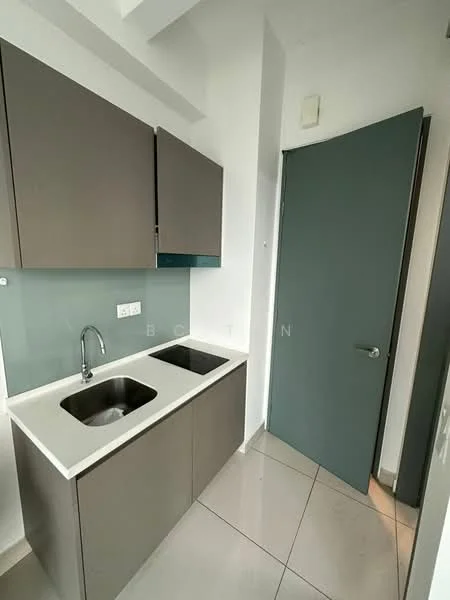 Kitchen features: double-bowl stainless-steel sink, chrome pull-down faucet, grey flat-panel cabinets, white countertop, glass backsplash, tile flooring, recessed lighting, door to adjacent room; style: modern.