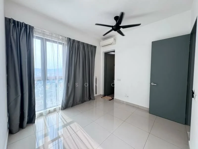 Room features: floor-to-ceiling windows, grey curtains, white painted walls, glossy tile flooring, ceiling fan, air conditioning unit, door to hallway, neutral decor; style: modern; view: city.