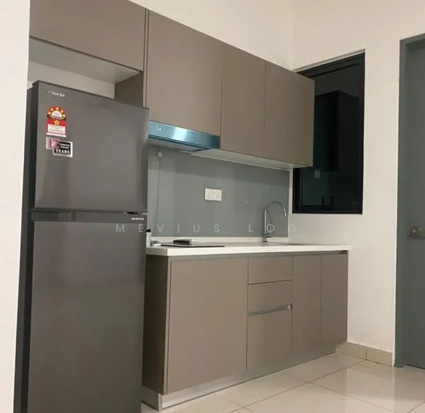 Kitchen features: grey flat-panel cabinets, white countertop, stainless-steel sink, chrome pull-down faucet, built-in stove with hood, stainless-steel fridge, tile flooring, window with black frame; style: modern.