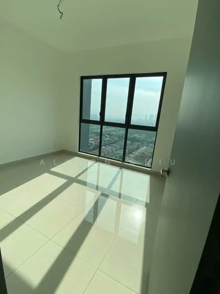 Room features: large floor-to-ceiling windows, white painted walls, glossy ceramic tile flooring, city view, natural light from windows, minimalist design, no visible furniture, neutral color palette; style: modern; view: city.