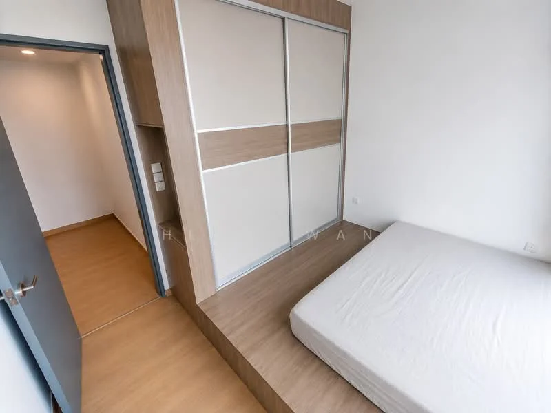 Bedroom features: light wood laminate flooring, white painted walls, built-in wardrobe with sliding doors, single bed frame without mattress, neutral color scheme, doorway leading to hallway, recessed ceiling lights; style: modern.