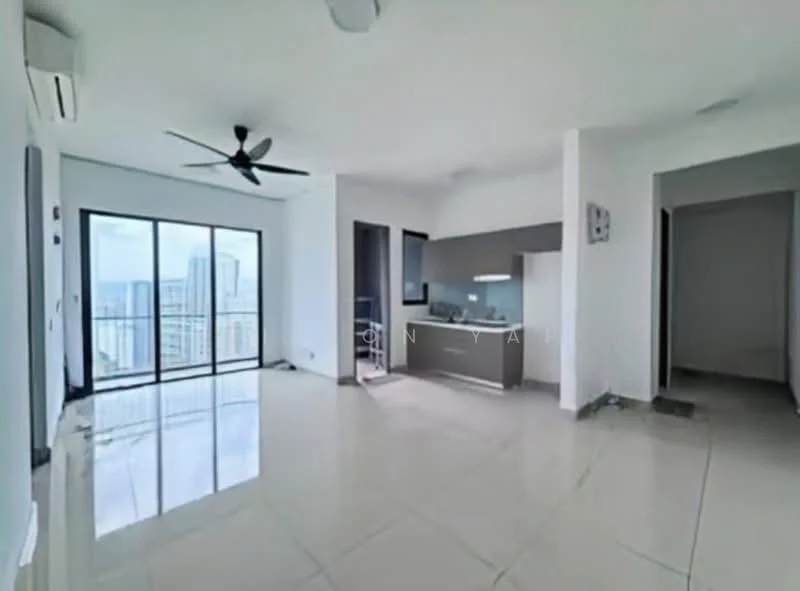 Living features: floor-to-ceiling windows, sliding glass door, 5-blade ceiling fan, white painted walls, glossy tile flooring, open kitchen layout, kitchen island, recessed downlights, city view; style: modern; view: city. Kitchen features: kitchen cabinetry, stainless-steel sink, countertop, built-in appliances; style: modern. Room features: white painted walls, glossy tile flooring.