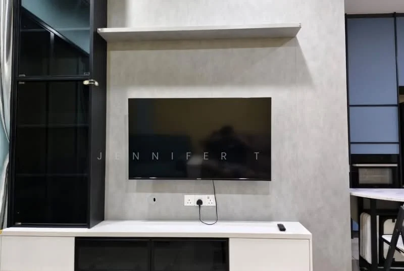 Living features: grey accent wall, wall-mounted TV, TV console with storage, black glass cabinet, white cabinetry, shelving unit above TV, power outlets, remote control on console; style: modern.