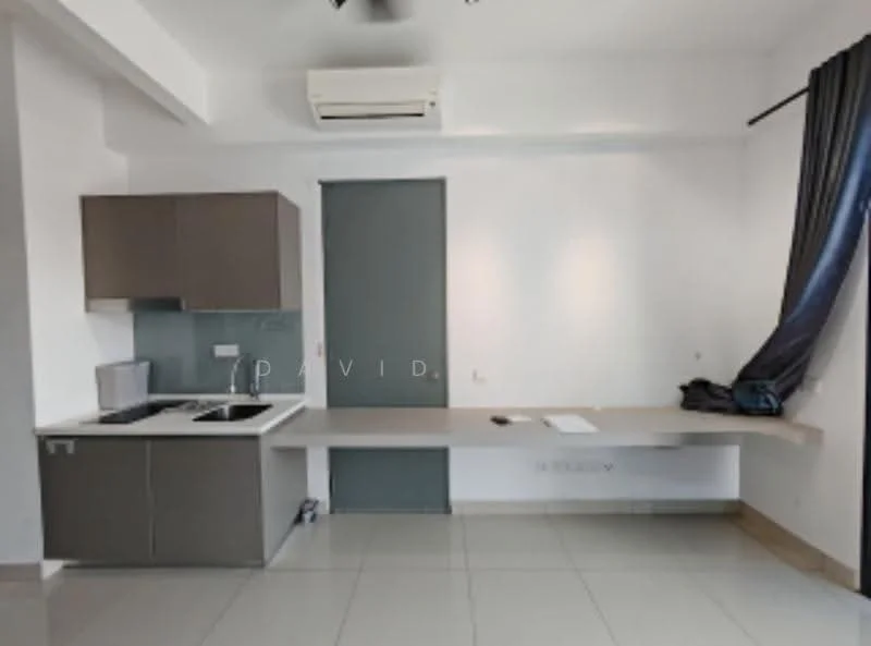 Kitchen features: white walls, grey cabinetry, laminate countertop, single-bowl stainless-steel sink, chrome pull-down faucet, built-in stove, microwave, wall-mounted split AC, tile flooring, window with curtain, open shelving, kitchen island; style: modern.