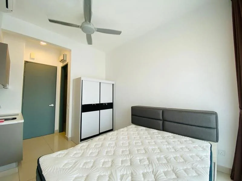 Bedroom features: queen-size bed, upholstered headboard, white painted walls, cream tiled flooring, ceiling fan, built-in wardrobe with sliding doors, window with curtain, door leading to hallway; style: modern.