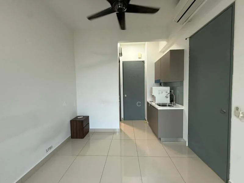 Room features: white painted walls, light grey cabinetry, white countertop, single-bowl stainless-steel sink, chrome pull-down faucet, floor-to-ceiling windows, light-colored tiled flooring, ceiling fan, wall-mounted air conditioning unit, wooden bedside table, grey door, kitchenette area; style: modern.