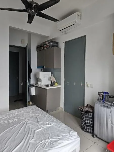 Bedroom features: white walls, ceiling fan, wall-mounted split AC, tile flooring, queen-size bed, built-in wardrobe, small kitchenette with sink, grey cabinetry, laundry basket, suitcase; style: modern.