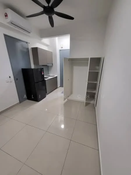 Room features: white painted walls, glossy tile flooring, ceiling fan, black fridge, grey cabinetry, kitchen countertop, open shelving, single door, air conditioning unit; style: modern.