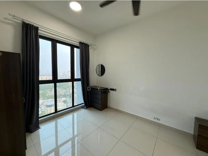 Bedroom features: floor-to-ceiling windows, grey curtains, white painted walls, tile flooring, ceiling fan, built-in wardrobe, round wall mirror, dark wood bedside table, dark wood dresser, city view; style: modern; view: city.